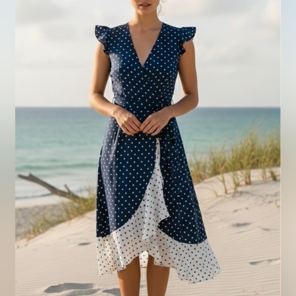 SUMMERSALT The Beach To Brunch Wrap Dress In Square Dot Deep Sea Navy White Sand